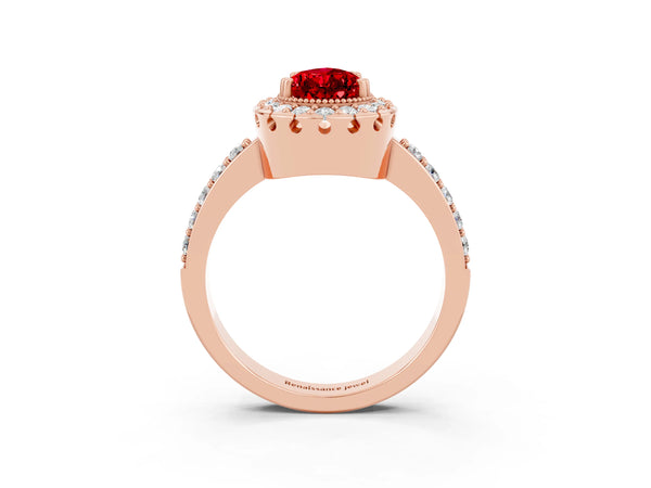 Rose gold Pear Cut Ruby Halo Ring with Pavé Band and Prong Setting