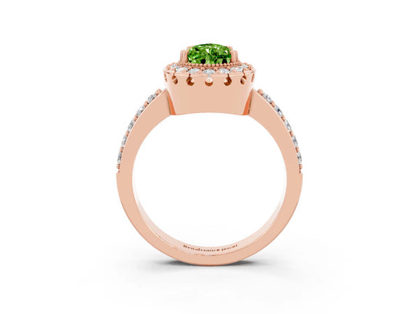 Rose gold Pear Cut Peridot Halo Ring with Pavé Band and Prong Setting