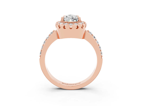 Rose gold Pear Cut Moissanite Halo Ring with Pavé Band and Prong Setting