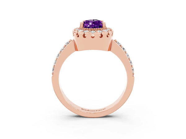 Rose gold Pear Cut Amethyst Halo Ring with Pavé Band and Prong Setting