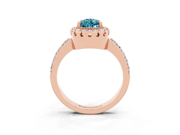 Rose gold Pear Cut Blue Topaz Halo Ring with Pavé Band and Prong Setting