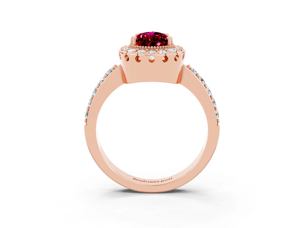 Rose gold Pear Cut Garnet Halo Ring with Pavé Band and Prong Setting