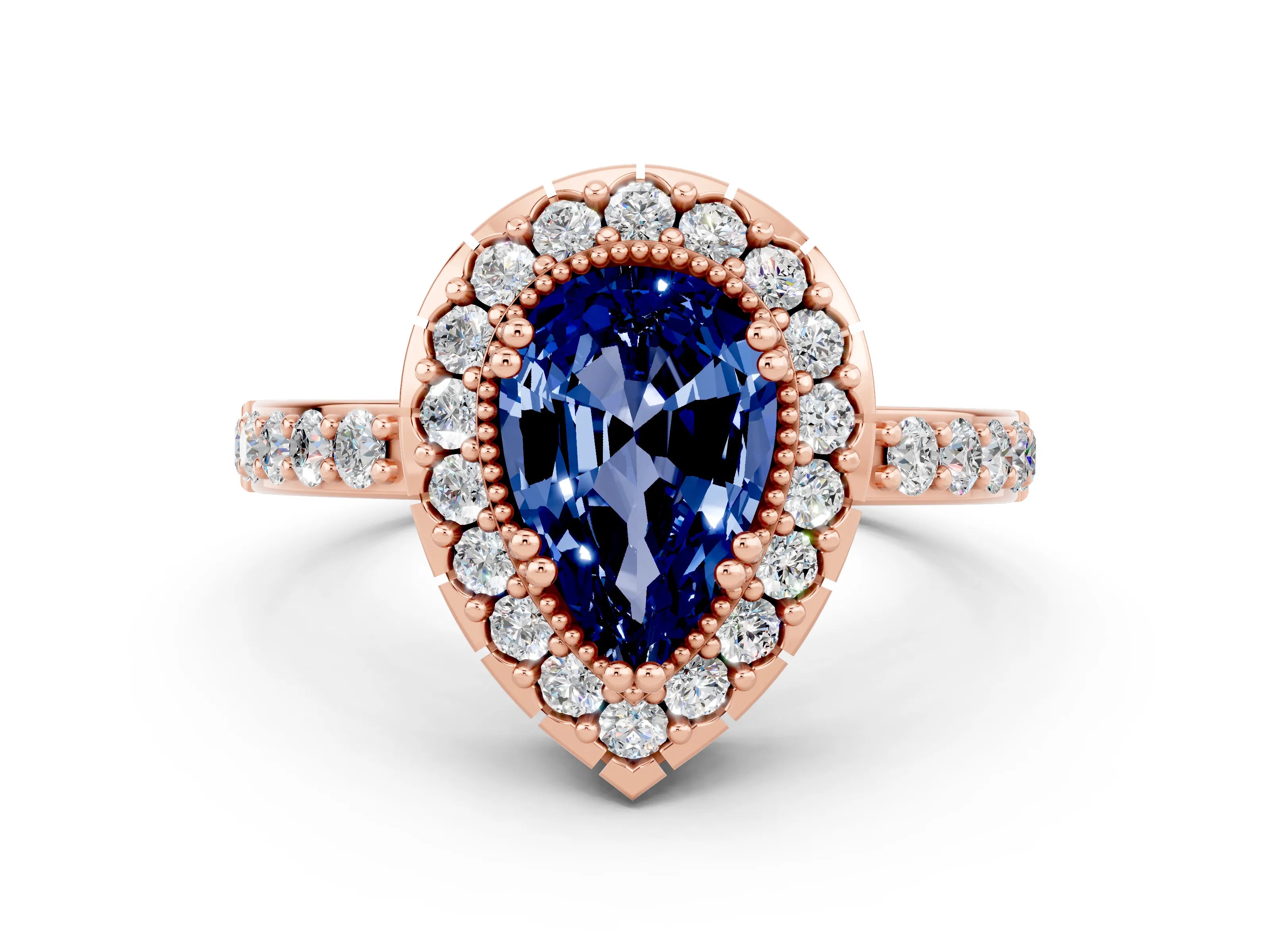 Rose gold Pear Cut Diamond Halo Ring with Pavé Band and Prong Setting