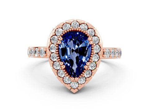 Rose gold Pear Cut Diamond Halo Ring with Pavé Band and Prong Setting