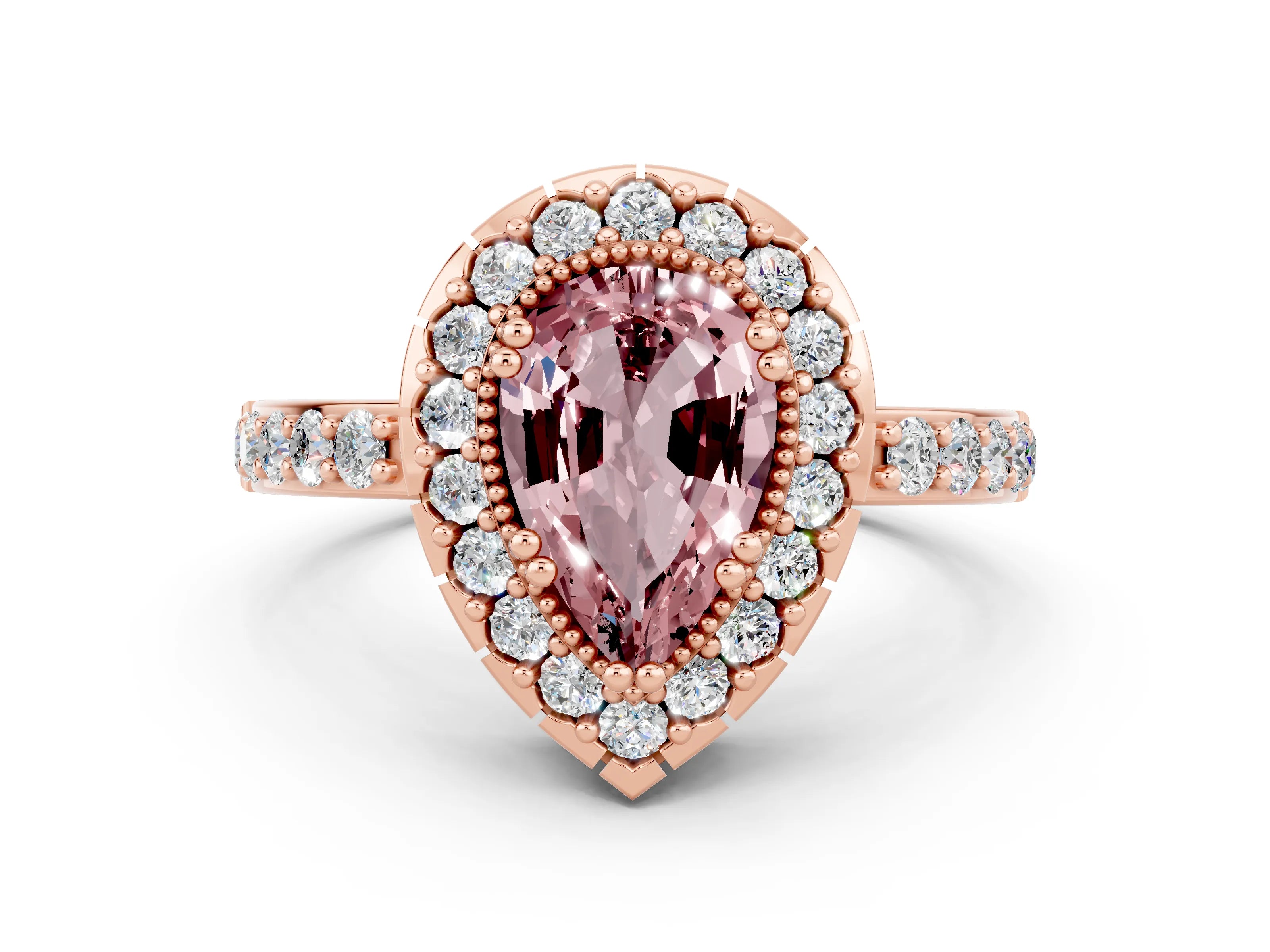 Rose gold Pear Cut Diamond Halo Ring with Pavé Band and Prong Setting