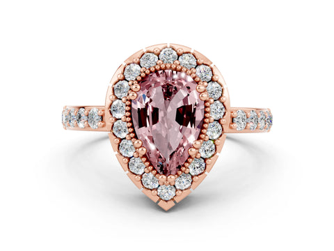 Rose gold Pear Cut Diamond Halo Ring with Pavé Band and Prong Setting