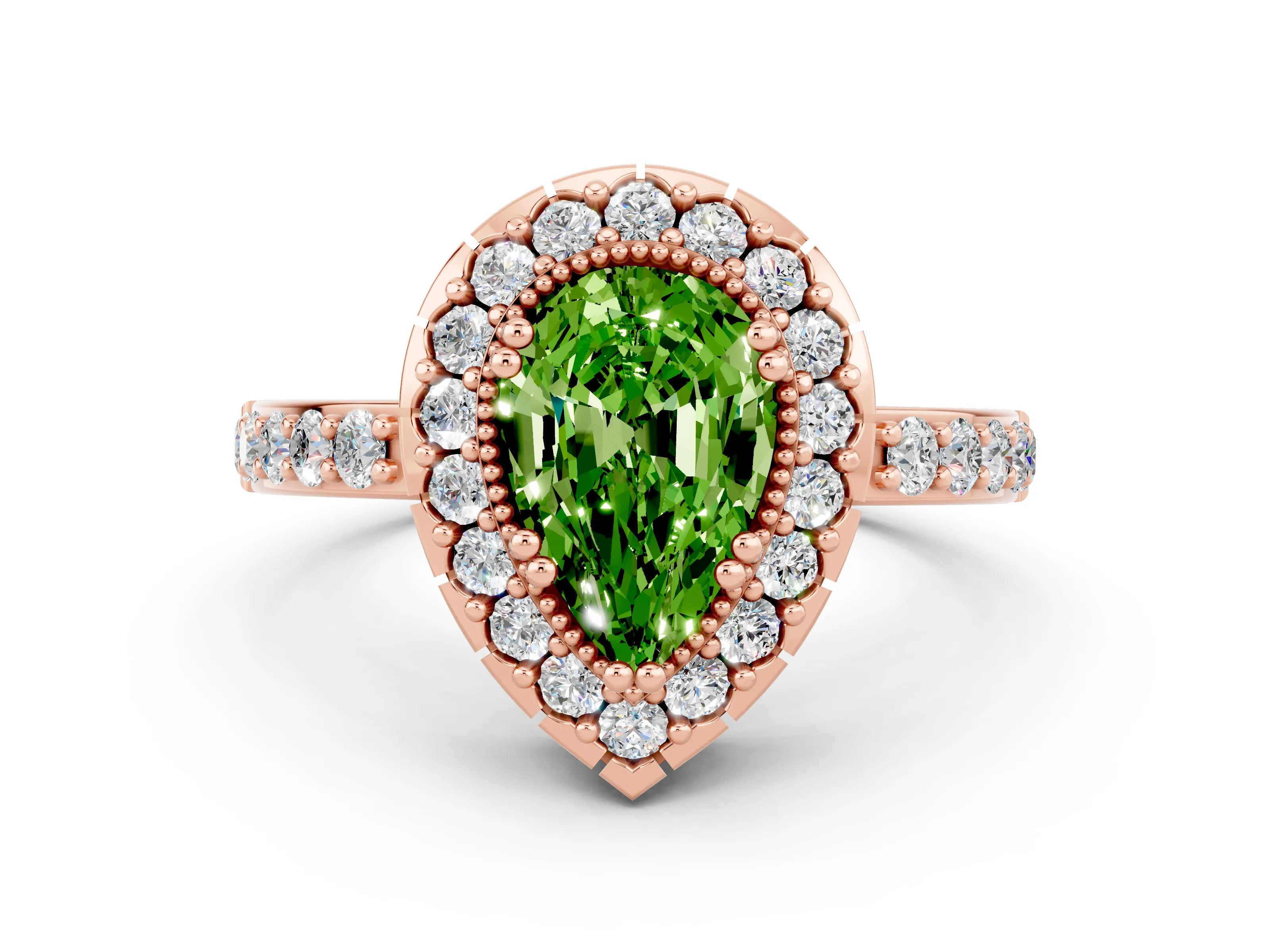 Rose gold Pear Cut Diamond Halo Ring with Pavé Band and Prong Setting