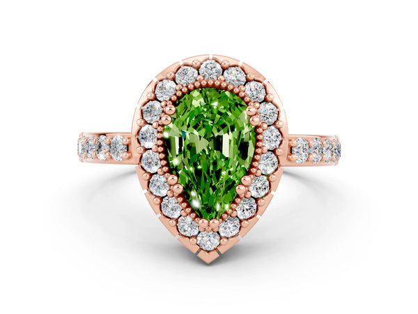 Rose gold Pear Cut Peridot Halo Ring with Pavé Band and Prong Setting