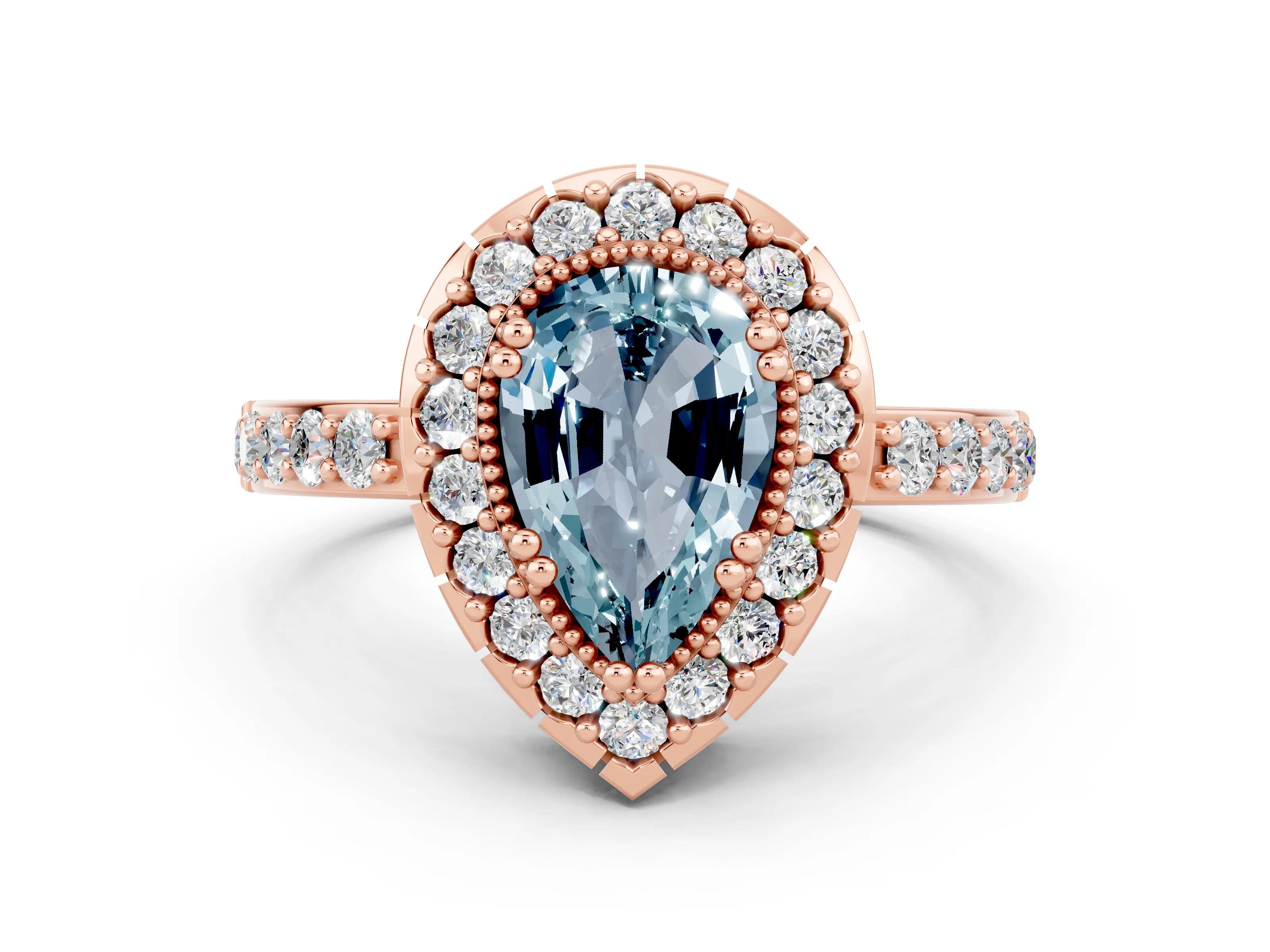 Rose gold Pear Cut Diamond Halo Ring with Pavé Band and Prong Setting