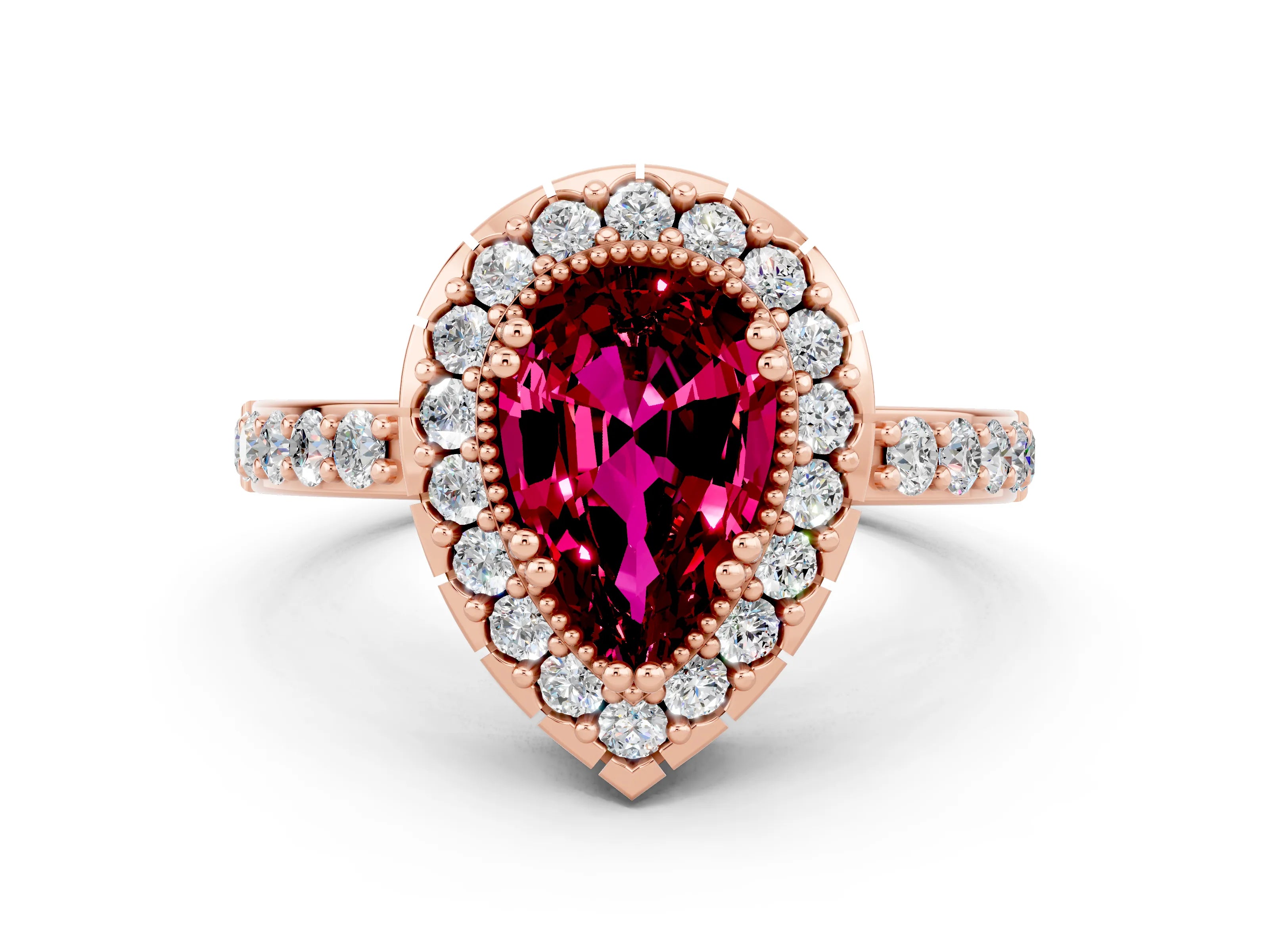 Rose gold Pear Cut Diamond Halo Ring with Pavé Band and Prong Setting