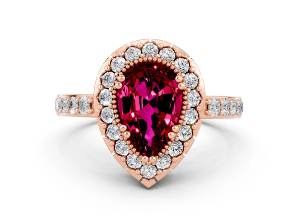 Rose gold Pear Cut Garnet Halo Ring with Pavé Band and Prong Setting