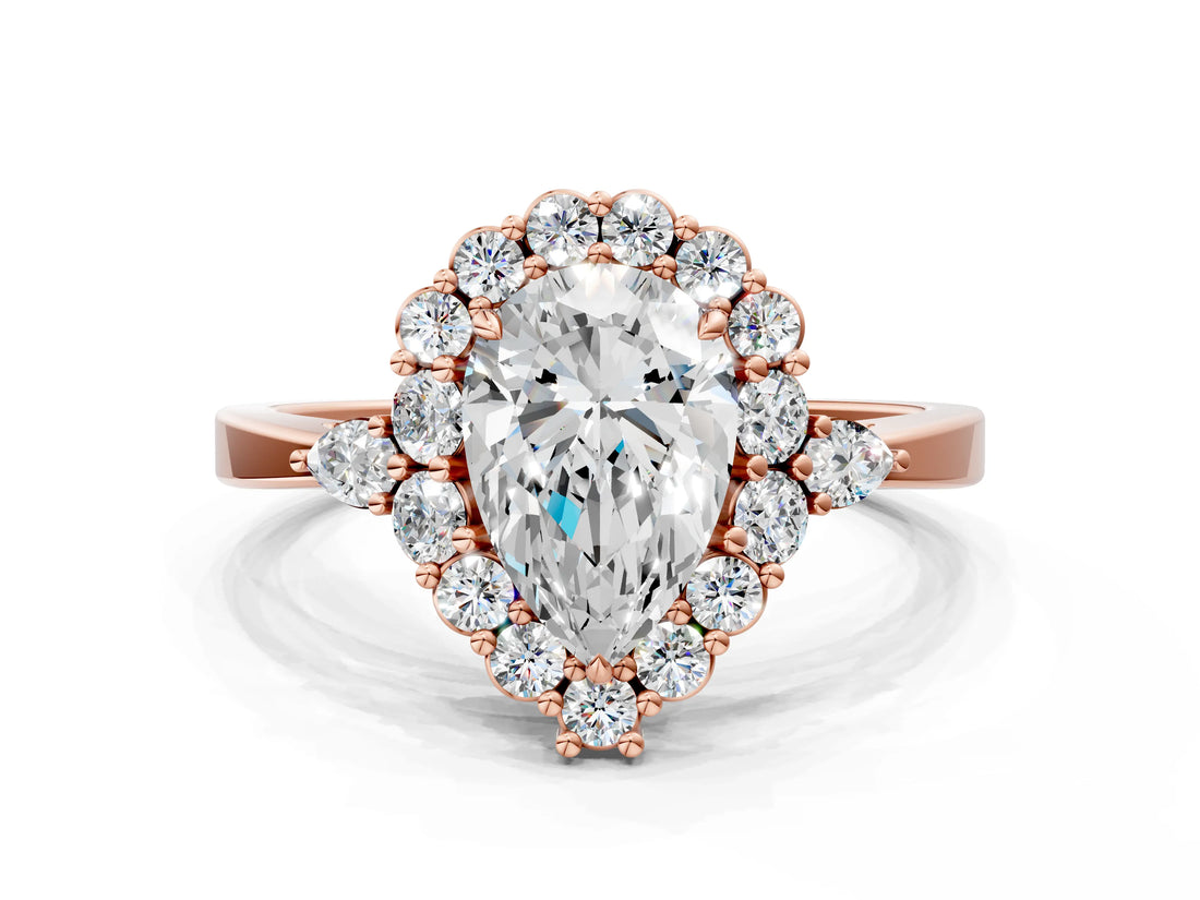 Rose gold Pear Cut Diamond Halo Ring with Pear Side Stones and Prong Setting_57