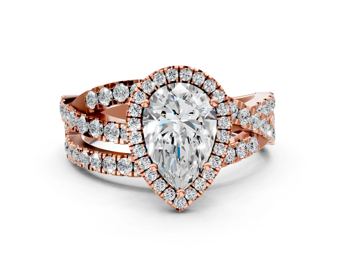 Rose gold Pear Cut Diamond Halo Ring with Round Split Shank and Prong Setting_36