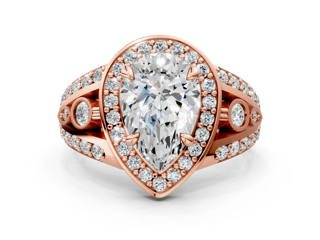 Rose gold Pear Cut Diamond Halo Ring with Split Shank and Bezel Accents and Four-Prong Setting_9