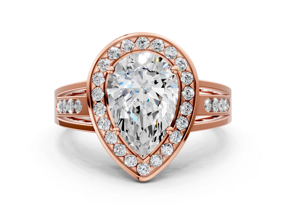 Rose gold Pear Cut Diamond Halo Ring with Split Shank and Bezel Accents and Prong Setting_14