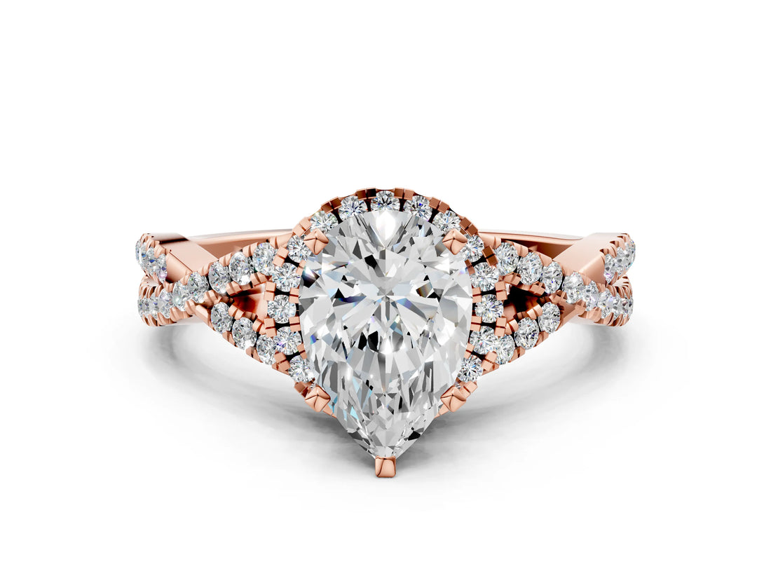 Rose gold Pear Cut Diamond  Halo Twist Band Solitaire Prong Setting Ring_104