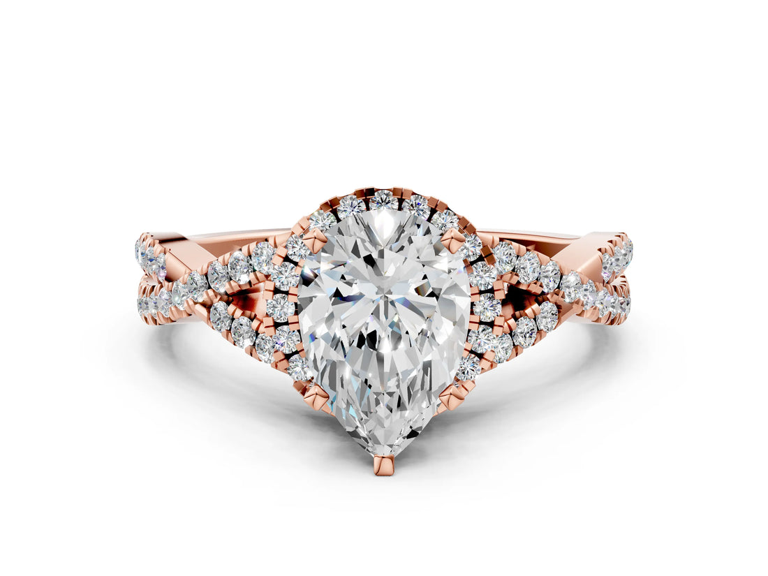Rose gold Pear Cut Diamond  Halo Twist Band Solitaire Prong Setting Ring_36