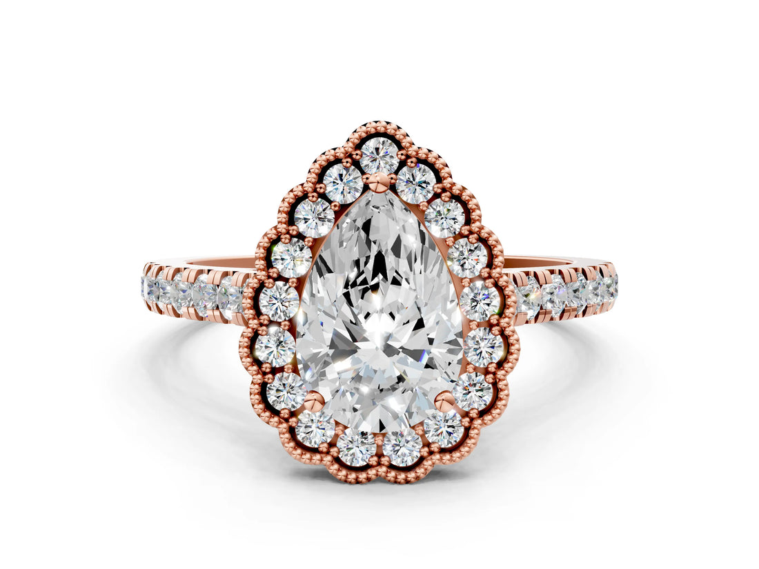 Rose gold Pear Cut Diamond Milgrain Floral Halo Engagement Ring with Pavé Band_21