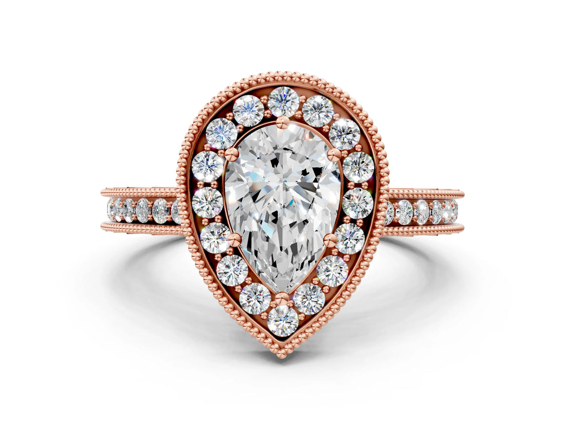 Rose gold Pear Cut Diamond Milgrain Halo Engagement Ring with Round Pavé Band and Prong Setting_12