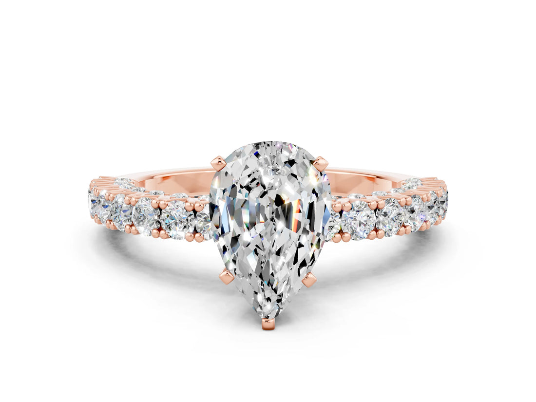 Rose gold Pear Cut Diamond Pavé Band Solitaire Ring with Prong Setting