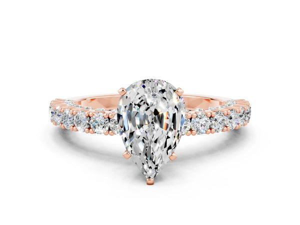 Rose gold Pear Cut Diamond Pavé Band Solitaire Ring with Prong Setting