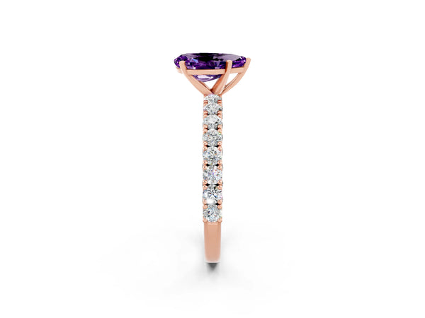 Rose gold Pear Cut Amethyst Solitaire Ring with Round Accent Pavé Band and Prong Setting