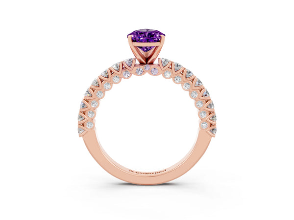 Rose gold Pear Cut Amethyst Solitaire Ring with Round Accent Pavé Band and Prong Setting