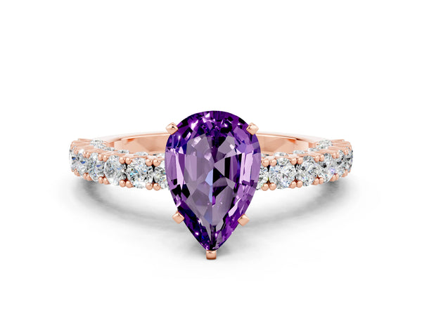 Rose gold Pear Cut Amethyst Solitaire Ring with Round Accent Pavé Band and Prong Setting