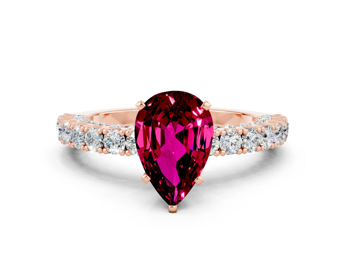 Rose gold Pear Cut Diamond Pavé Band Solitaire Ring with Prong Setting