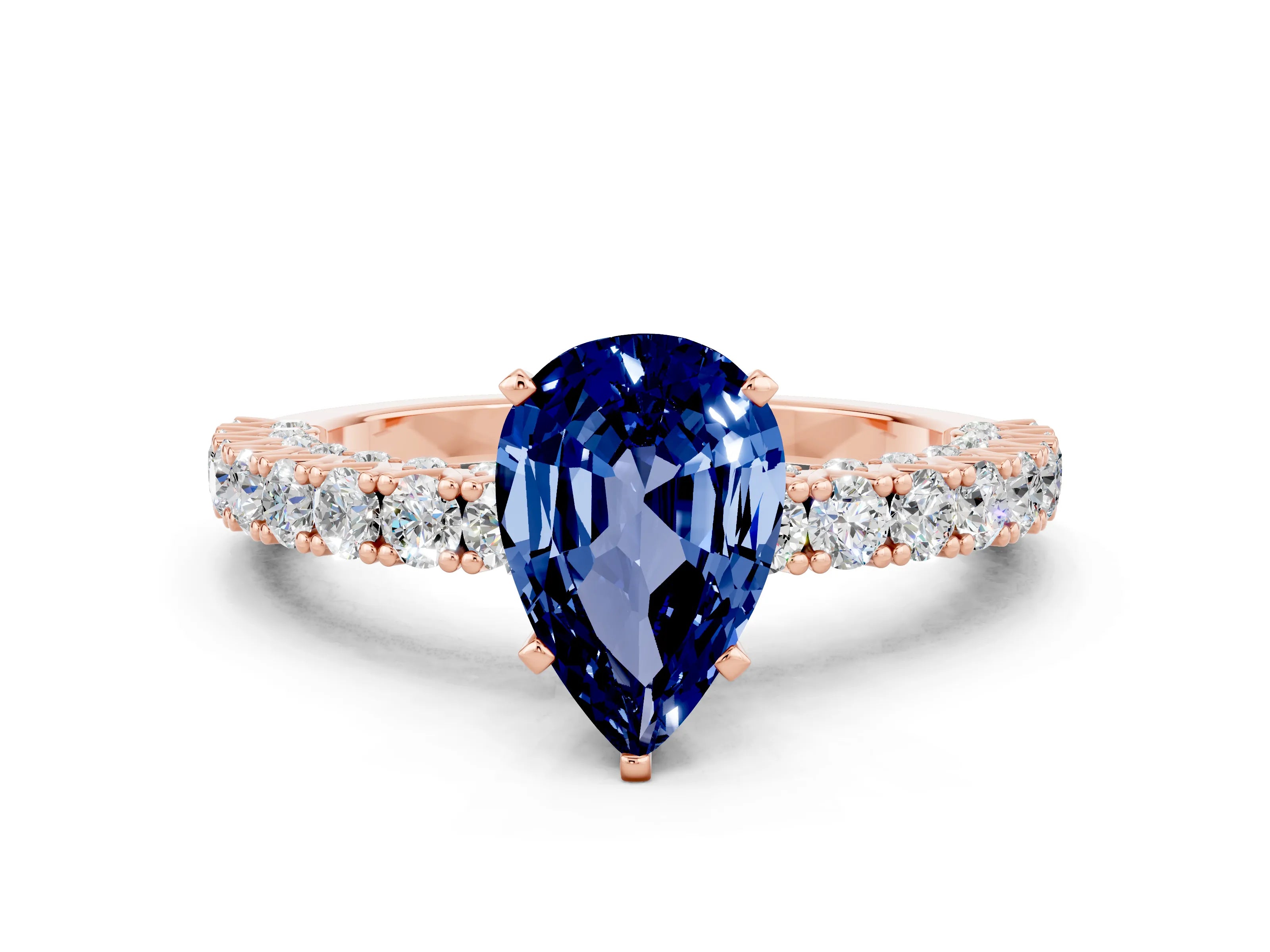 Rose gold Pear Cut Diamond Pavé Band Solitaire Ring with Prong Setting