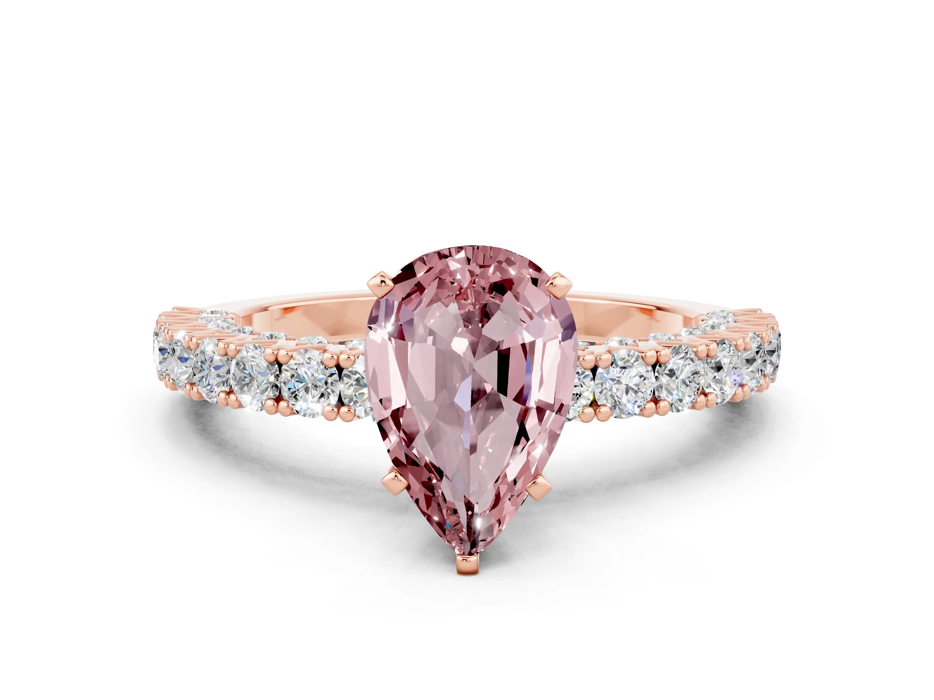 Rose gold Pear Cut Diamond Pavé Band Solitaire Ring with Prong Setting