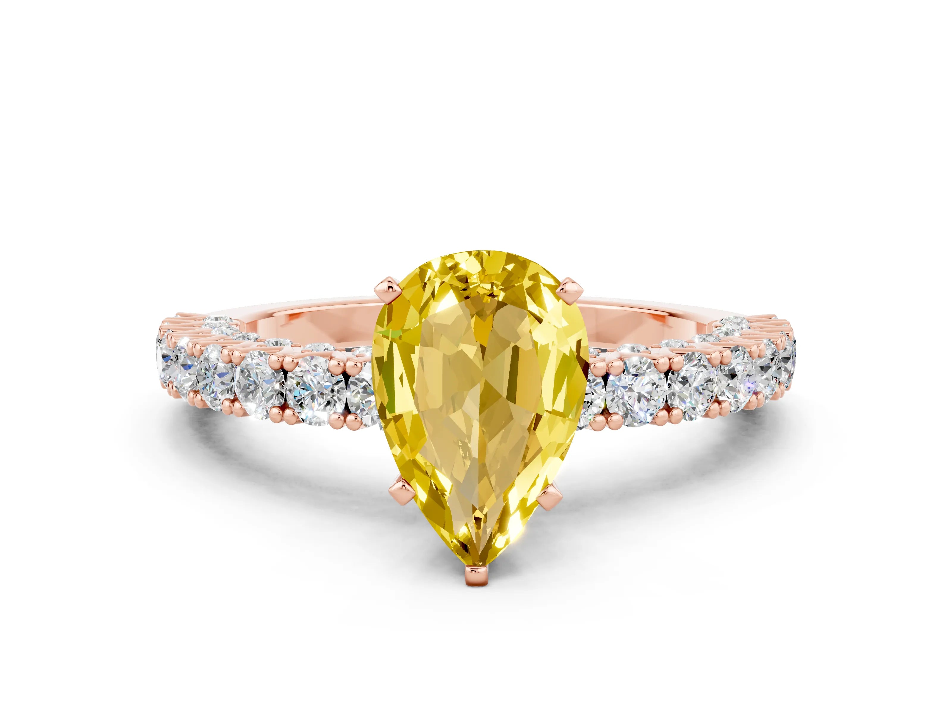 Rose gold Pear Cut Diamond Pavé Band Solitaire Ring with Prong Setting
