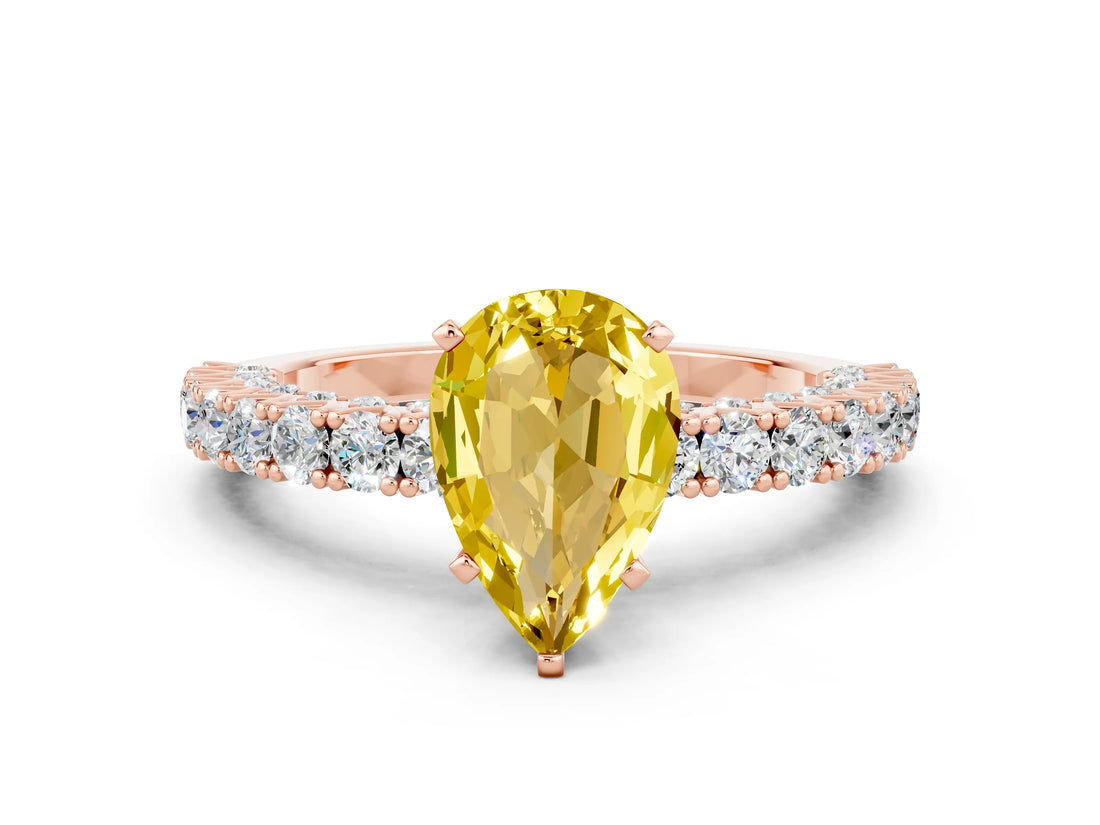 Rose gold Pear Cut Diamond Pavé Band Solitaire Ring with Prong Setting