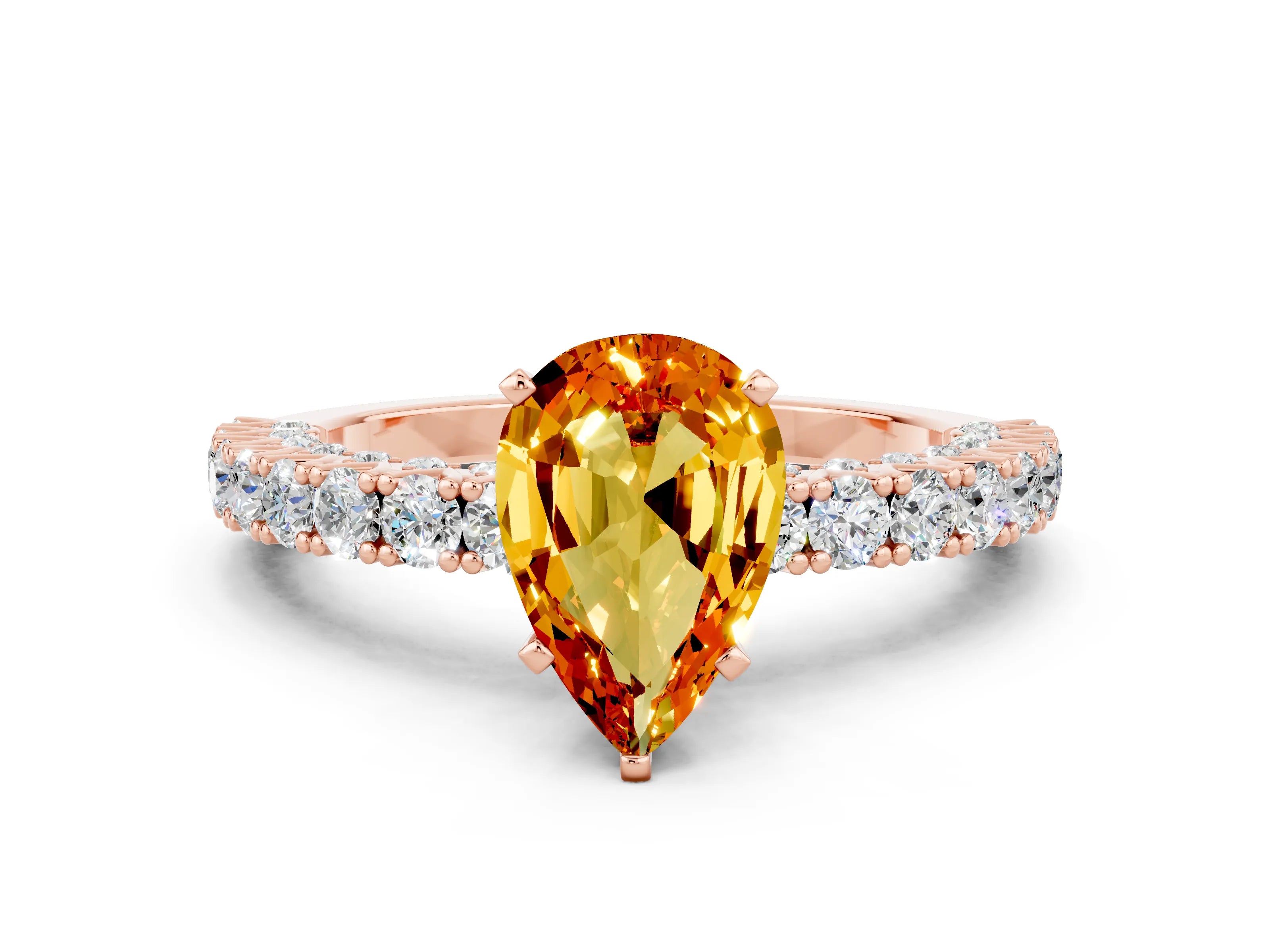Rose gold Pear Cut Diamond Pavé Band Solitaire Ring with Prong Setting
