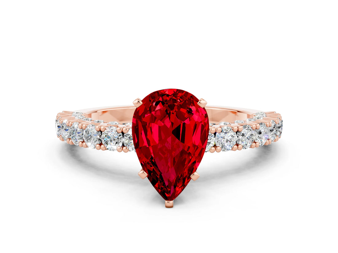Rose gold Pear Cut Diamond Pavé Band Solitaire Ring with Prong Setting