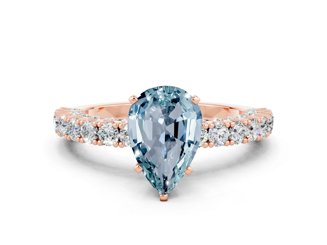 Rose gold Pear Cut Diamond Pavé Band Solitaire Ring with Prong Setting