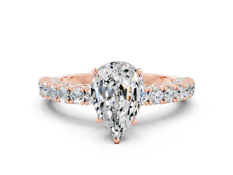 Rose gold Pear Cut Diamond Pavé Band Solitaire Ring with Prong Setting