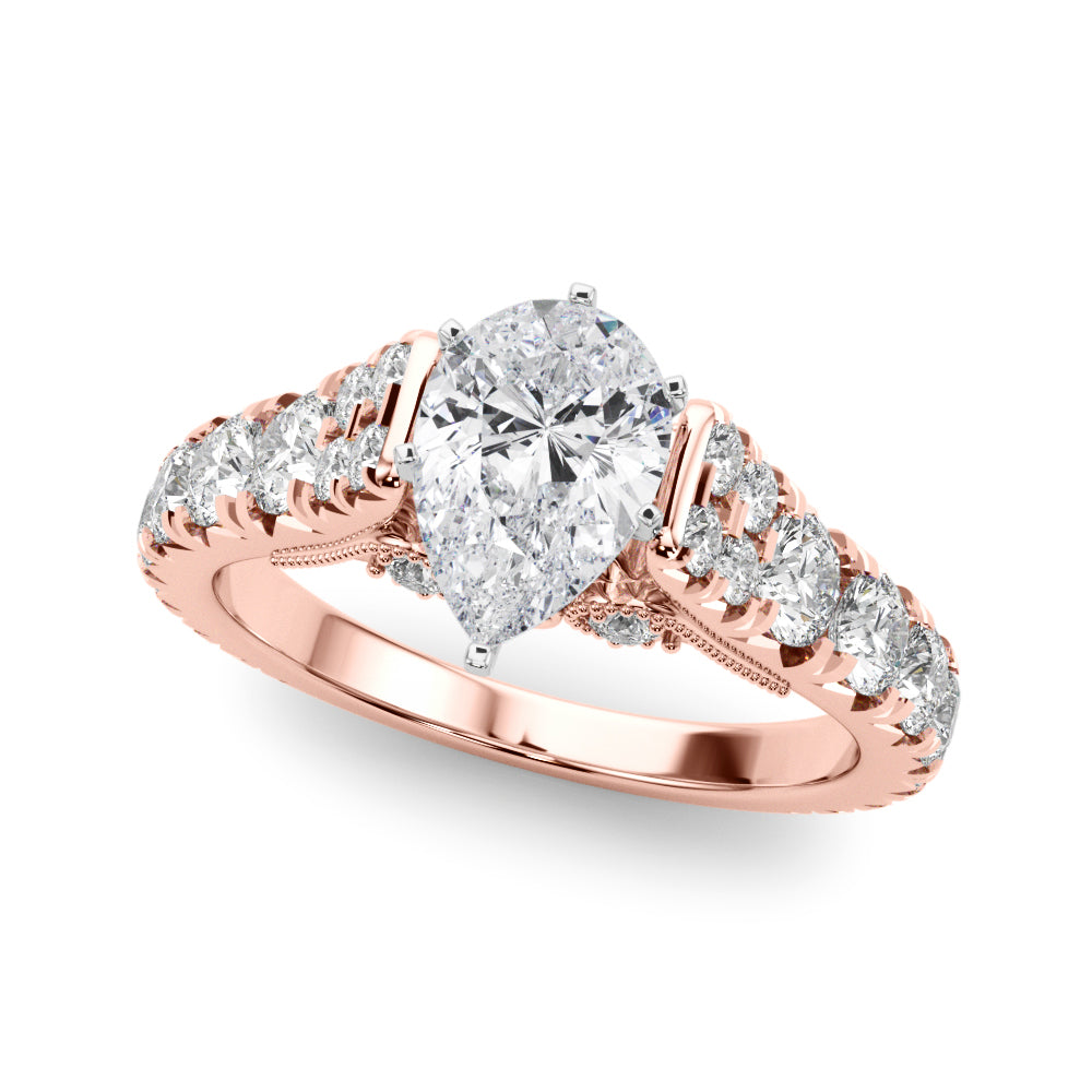 Rose gold Pear Cut Diamond Pavé Band Solitaire with Four-Prong Setting