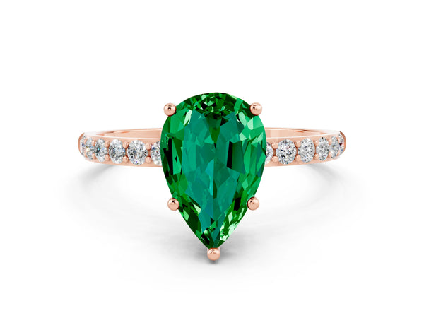 Rose gold Pear Cut Emerald Solitaire Ring with Round Pavé Shoulders and Prong Setting
