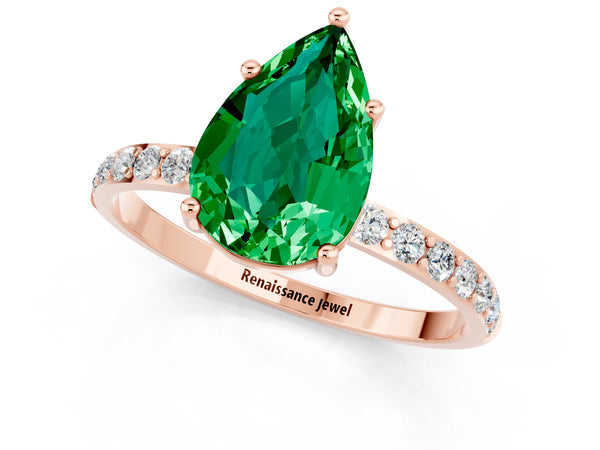 Rose gold Pear Cut Emerald Solitaire Ring with Round Pavé Shoulders and Prong Setting