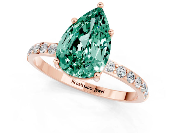 Rose gold Pear Cut Green Sapphire Solitaire Ring with Round Pavé Shoulders and Prong Setting