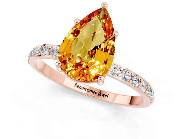 Rose gold Pear Cut Citrine Solitaire Ring with Round Pavé Shoulders and Prong Setting