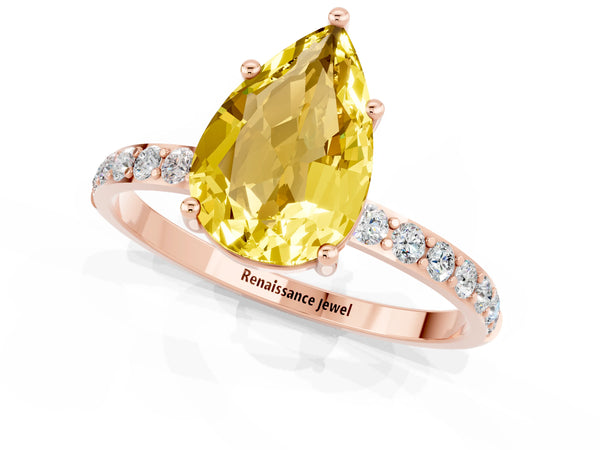 Rose gold Pear Cut Yellow Sapphire Solitaire Ring with Round Pavé Shoulders and Prong Setting
