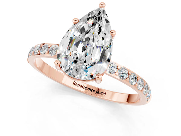 Rose gold Pear Cut Moissanite Solitaire Ring with Round Pavé Shoulders and Prong Setting