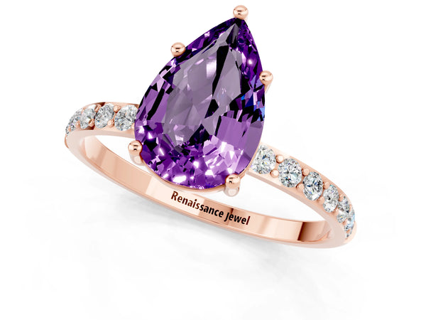 Rose gold Pear Cut Amethyst Solitaire Ring with Round Pavé Shoulders and Prong Setting