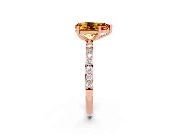 Rose gold Pear Cut Citrine Solitaire Ring with Round Pavé Shoulders and Prong Setting