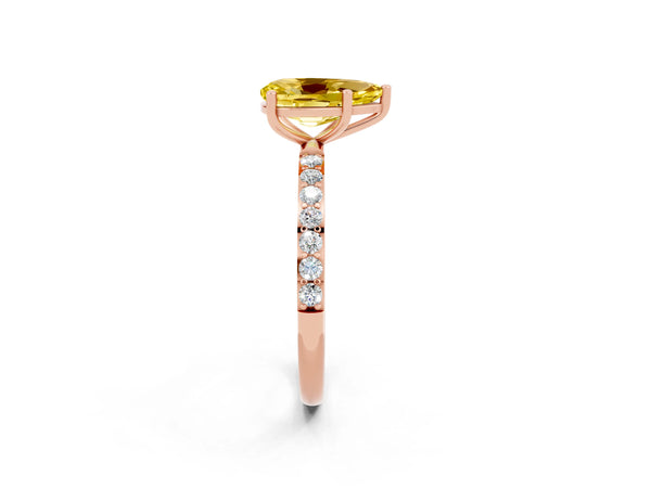 Rose gold Pear Cut Yellow Sapphire Solitaire Ring with Round Pavé Shoulders and Prong Setting