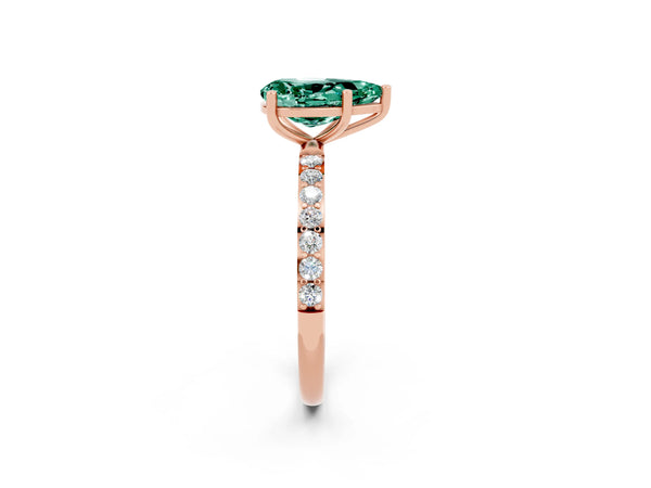 Rose gold Pear Cut Green Sapphire Solitaire Ring with Round Pavé Shoulders and Prong Setting