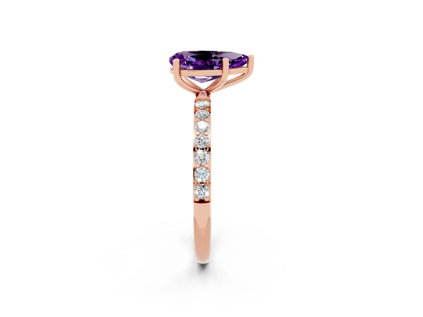 Rose gold Pear Cut Amethyst Solitaire Ring with Round Pavé Shoulders and Prong Setting