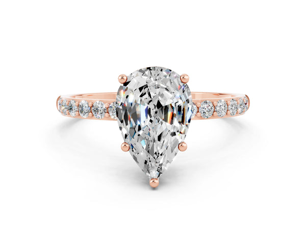 Rose gold Pear Cut Moissanite Solitaire Ring with Round Pavé Shoulders and Prong Setting